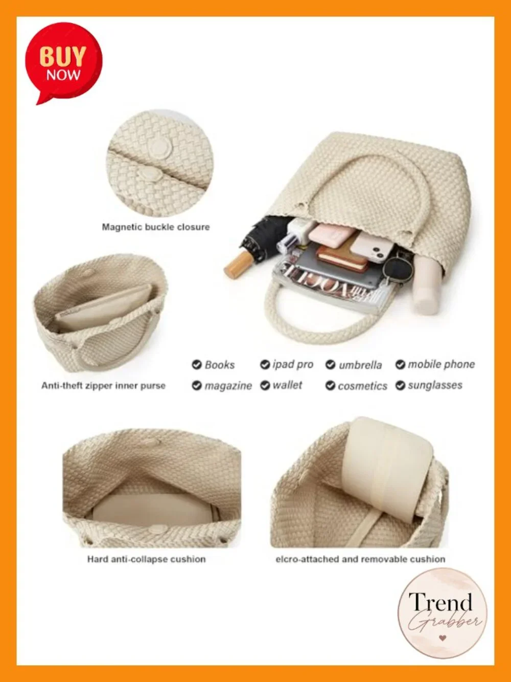 Vegan Leather Woven Tote Bag with Detachable Clutch Magnetic Closure